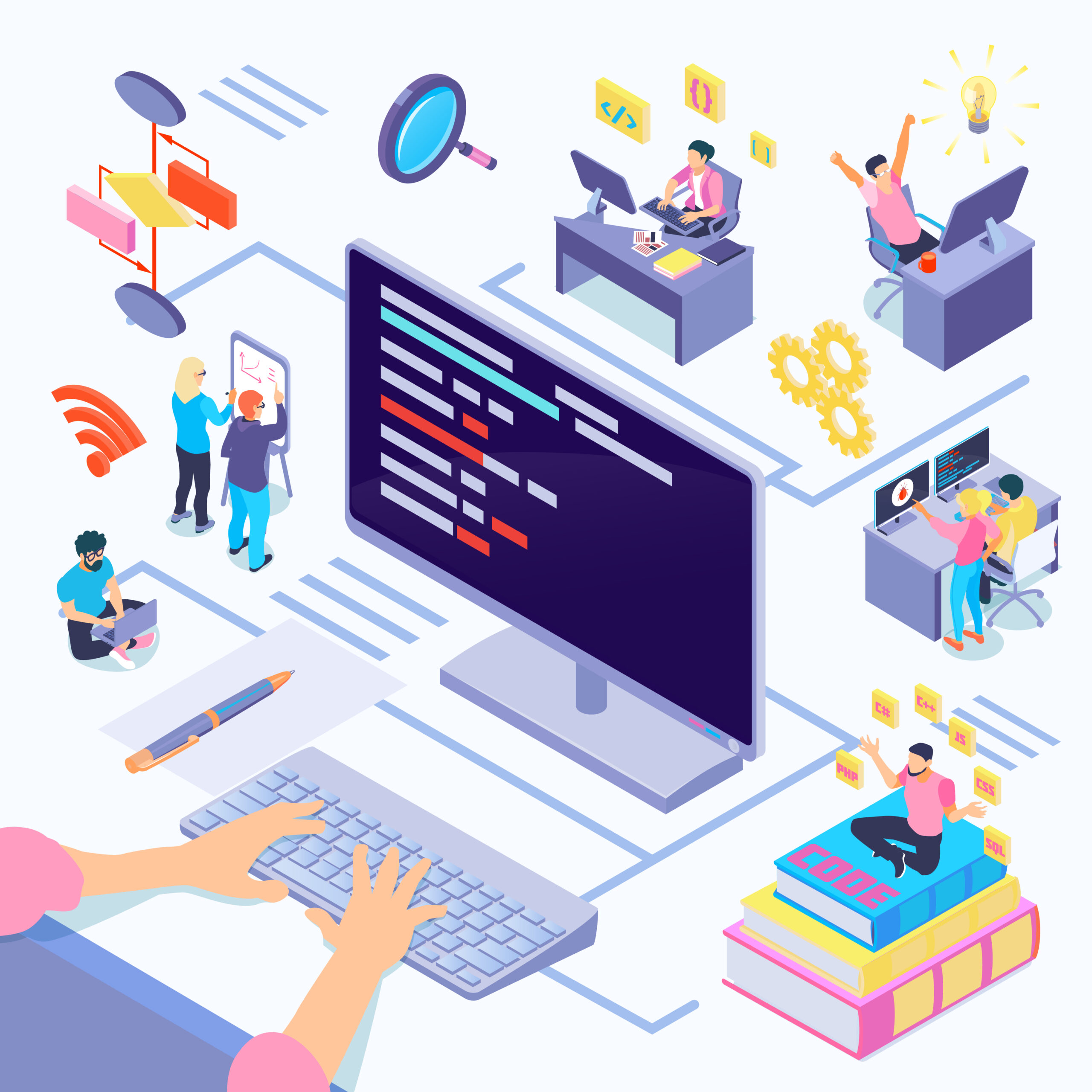 Software developers during coding composition with creative decisions algorithmic complexity documentation by programming languages isometric vector illustration SSUCv3H4sIAAAAAAACA02RS2vDMAzHv4rwOawbu+U6ymAwKOtuZQfHVhMx2wp+pA0l331y2o6erMdfD/90UZ1OZFR7UeRcSTnqTBxU+9IotJQ5knaqfV4albLOJWESrXhGZ+wlu/r3JodLjatW7ZBHh0qKSifuJyWDzumAXJJamrvsG80Q2HE//0vf2I8lYxTZT6N0j8HMdaKMjOhQrwscJPV7EpW/bTORRb6auliqpprYaCf517qt/Ix9jfZRjwOZSBPG6ltMRgy152M+6YhgcULHo2wAtkQKPRi218ePnKjigRPlAUxEgTXVEkNJwgm0q0zy4MmseodnyjNYNsVjyCtb6GYYI8si3te+gqUv8tEElNhjjlI7oRH08HiSJ9jKPXTnELa7Pehg4QuDRVEF+Ni9w5GjF6qNyufKVjU3yNdeaWM4GBxz0W6TH7nzr1x7WZY/qraycwsCAAA=